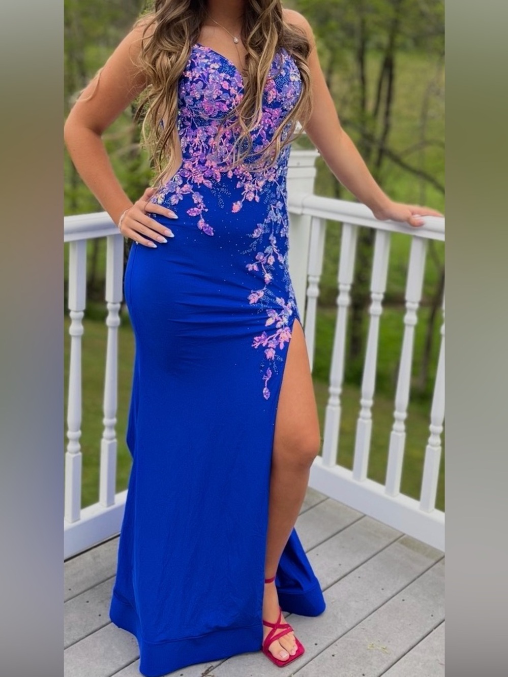 Royal Blue Floral Embellished Prom Dress